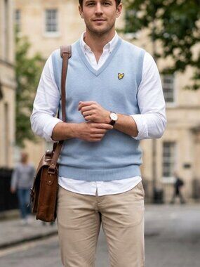 Vintage Lyle & Scott Men's 100% Wool V-Neck Sweater Jumper Vest Blue Sz Large